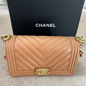 Chanel caramel old medium le boy bag in calfskin with aged gold hardware - rare!